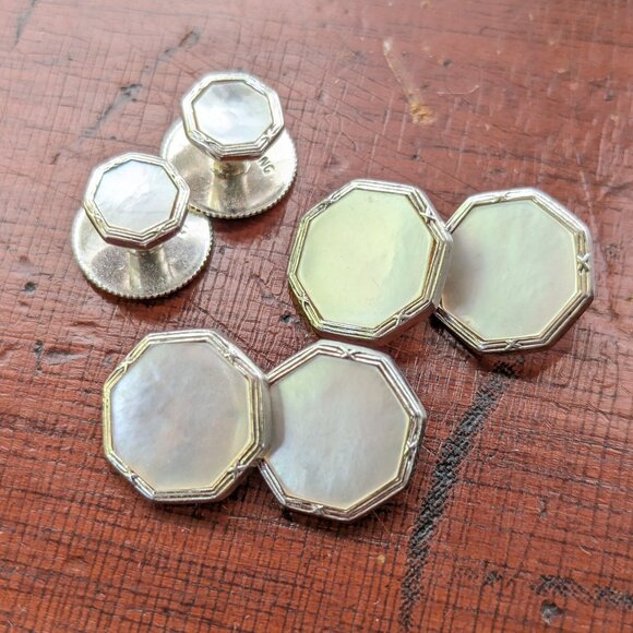 Vintage Art Deco Sterling silver and mother of pearl cufflinks and shirt studs, - Picture 1 of 8